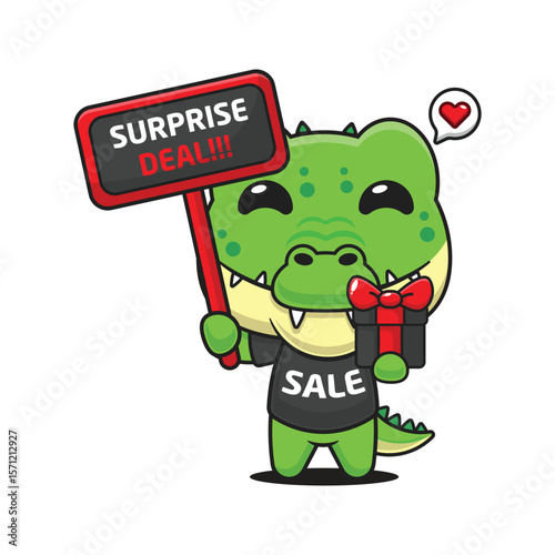 cute crocodile with promotion sign and gift box in black friday sale cartoon vector illustration