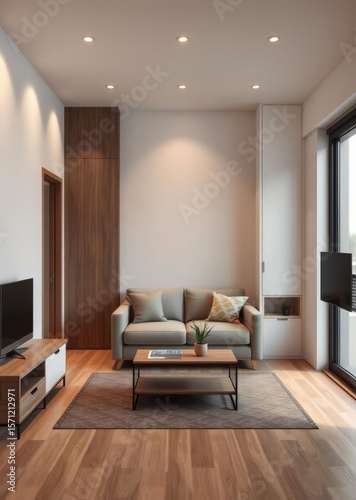 Studio apartment interior with a cozy living area featuring a small loveseat coffee table and compact storage units Empty room interior design architecture blank design room