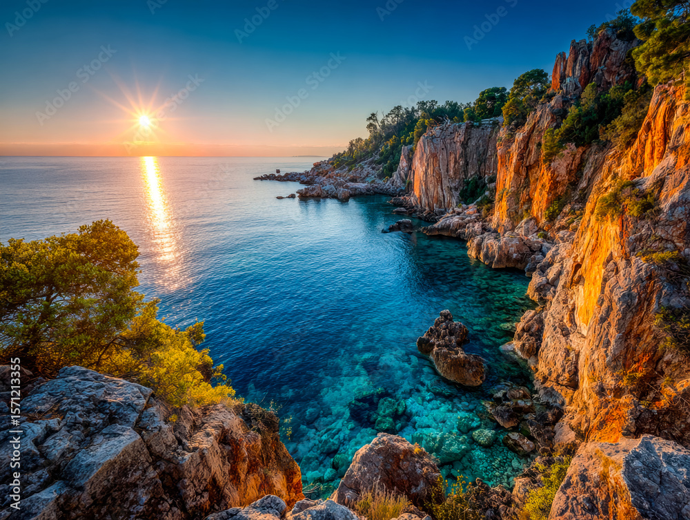 Fototapeta premium Serene sunset over turquoise cove with rocky cliffs and lush greenery