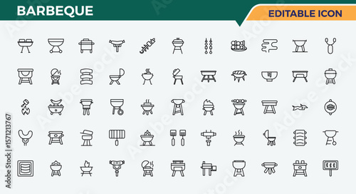 Set of Barbeque line icon. Includes symbols for picnic, cooking, party, grill, butcher, grill and bbq and more. Outline icons pack. Barbeque icon set. Pictogram and infographic.