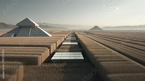 Surreal Wheat Field Landscape with Futuristic Pyramids and Modern Pathways Long Shot