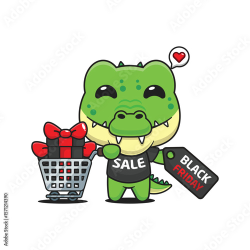 cute crocodile with shopping cart and discount coupon black friday sale cartoon vector illustration