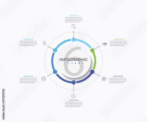 Modern infographic template. Creative circle element design with marketing icons. Business concept with 6 options, steps, sections.
