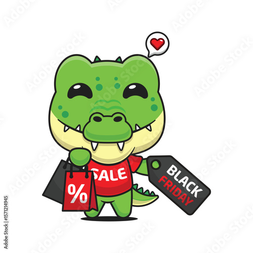 cute crocodile with shopping bag and black friday sale discount cartoon vector illustration
