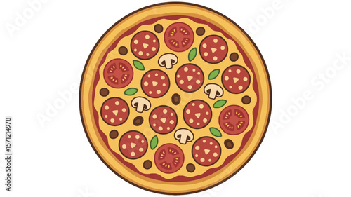 Round pizza with salami tomato and mushroom food italian