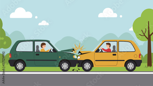 Car Accident Illustration: Two Cars Colliding on Road