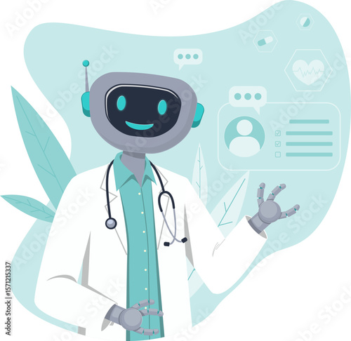 Illustration of a cheerful robot doctor in a lab coat with a stethoscope, interacting with medical data and icons. Concept for robotization in modern healthcare systems. Robot doctor with plants.