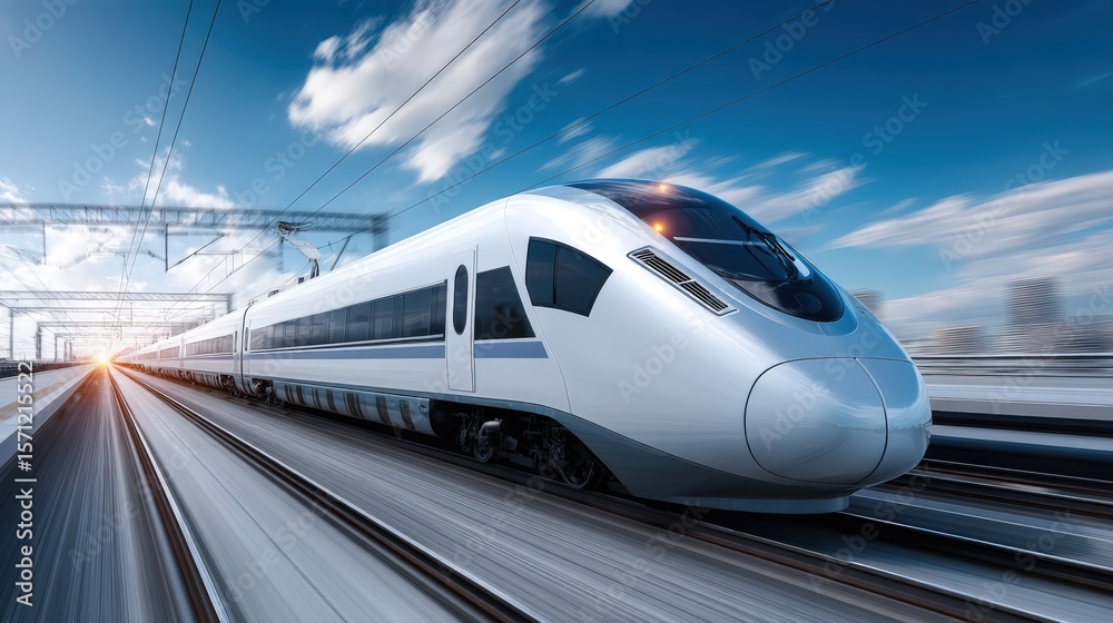 Naklejka premium High-speed train traveling through a modern city landscape in bright daylight