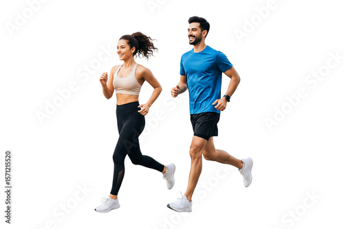 Fototapeta Naklejka Na Ścianę i Meble -  young couple running together on white