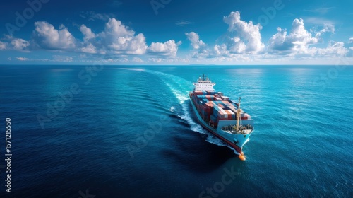 Cargo ship navigates calm waters under a sunny sky with clouds in the background
