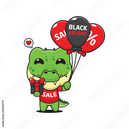 cute crocodile with gifts and balloons in black friday sale cartoon vector illustration
