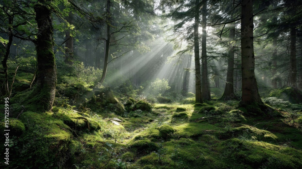 Obraz premium Sunlight streams through a misty, mossy forest. Lush greenery, ancient trees, and soft light create a serene atmosphere