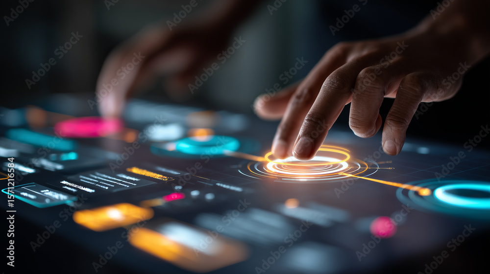 Fototapeta premium Improving User Experience (UX) with Data: A marketer analyzing a customer journey funnel on a tablet to strategize and increase conversion.