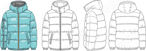 CAD technical flat vector illustration of padded puffer winter jacket with hood front side back technical fashion sketch