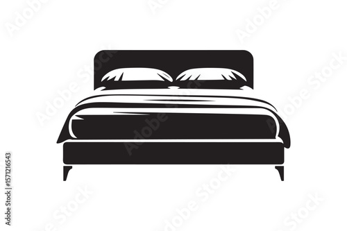 Comfortable Bed with Pillows and Blanket Silhouette Icon