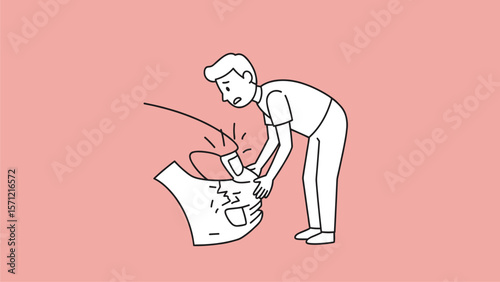 Man Examining Damaged Car Bumper, Minimalist Line Art Illustration
