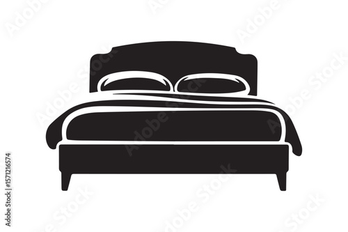 Comfortable Bed with Pillows and Blanket Silhouette Icon
