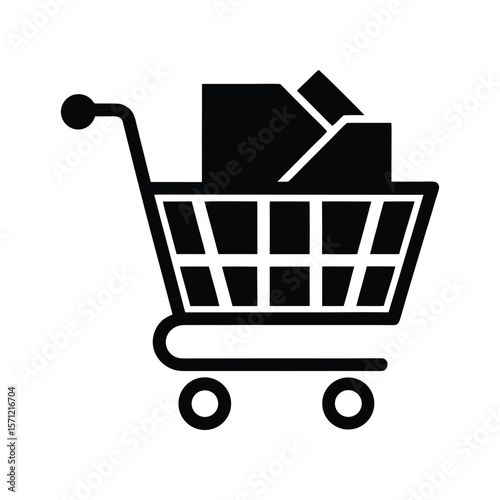 An isolated black silhouette of a shopping cart filled with items, representing commerce and consumerism in a simple, graphic style