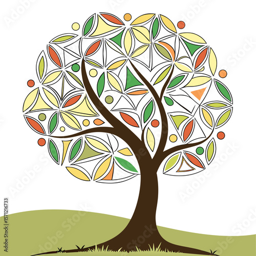 Vector art of a colorful geometric tree design with abstract leaves