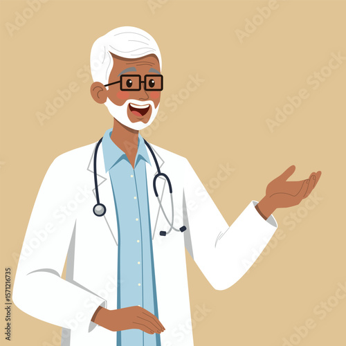 Illustration of a smiling senior male doctor wearing a white coat and stethoscope, gesturing with one hand as if explaining or giving advice. Ideal for healthcare and medical themes.