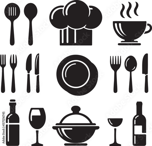 Simple Black and White Restaurant Utensils and Dishes Icons