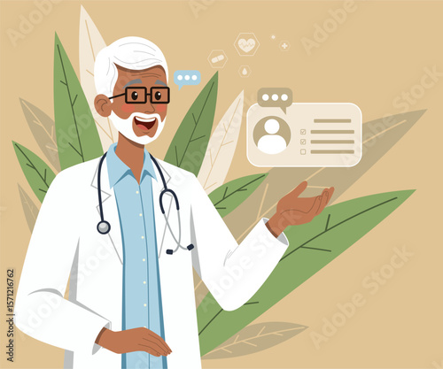 Illustration of a smiling senior male doctor with white hair and beard, wearing glasses and a lab coat, leaves in background. He is gesturing with his hand as digital medical icons float around him. 