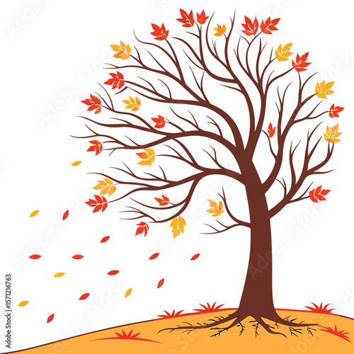 Vector art of an autumn tree with falling red and yellow leaves