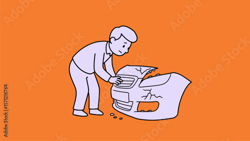 Man Inspecting Damaged Car Bumper, Minimalist Line Art Illustration
