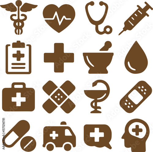 Medical Line Icon Set contains Stethoscope, Ambulance, Nurse, Doctor, Syringe, Serum, First Aid Kit and so on icons