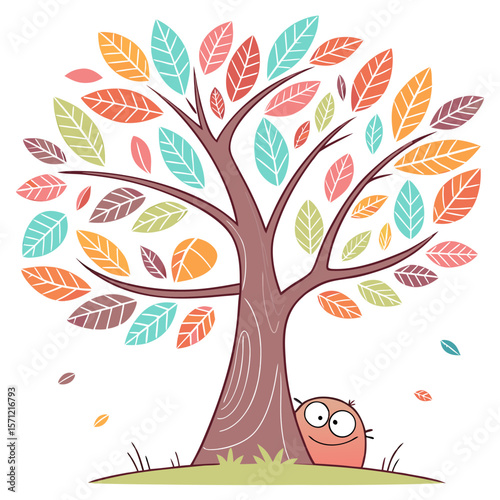 Vector art of a whimsical cartoon tree with colorful leaves and a hidden creature
