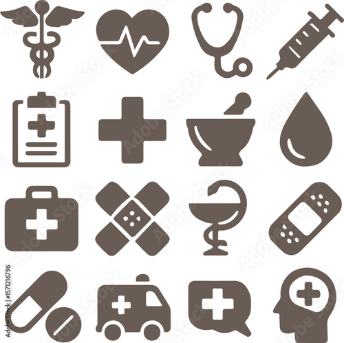 Medical Line Icon Set contains Stethoscope, Ambulance, Nurse, Doctor, Syringe, Serum, First Aid Kit and so on icons