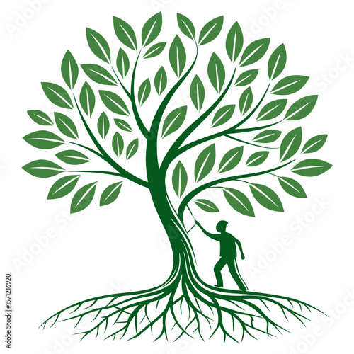 Vector art of a person tends to a lush green tree