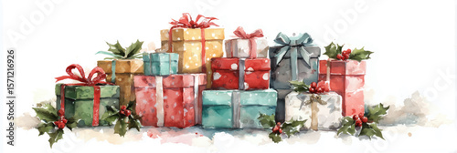 Vector illustration, Christmas gift box watercolor, banner for presentation.