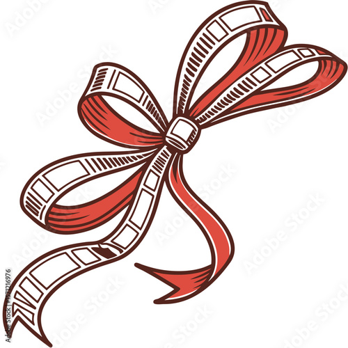 Vector art of a red ribbon tied in a bow, decorated with film