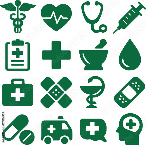 Medical Line Icon Set contains Stethoscope, Ambulance, Nurse, Doctor, Syringe, Serum, First Aid Kit and so on icons