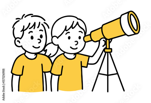 Boy And Girl Looking Through Yellow Telescope, Doodle Style Vector Illustration, Curious Kid Exploring Astronomy and Science
