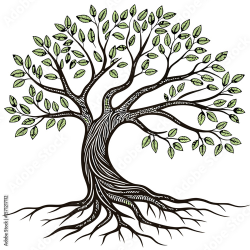 Vector art of a handdrawn illustration of a tree with visible roots and leaves