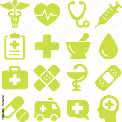 Medical Line Icon Set contains Stethoscope, Ambulance, Nurse, Doctor, Syringe, Serum, First Aid Kit and so on icons
