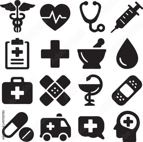 Medical Line Icon Set contains Stethoscope, Ambulance, Nurse, Doctor, Syringe, Serum, First Aid Kit and so on icons