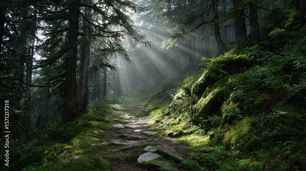 Fototapeta premium Sunbeams pierce a misty forest path
