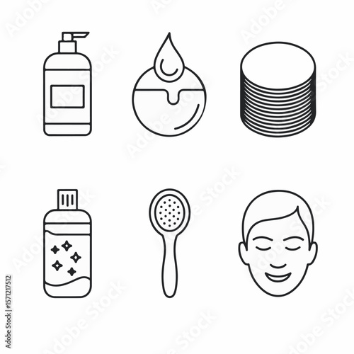 Skincare routine icons depicting cleanser facial mask treatment cotton pads and smiling facial features for health and beauty