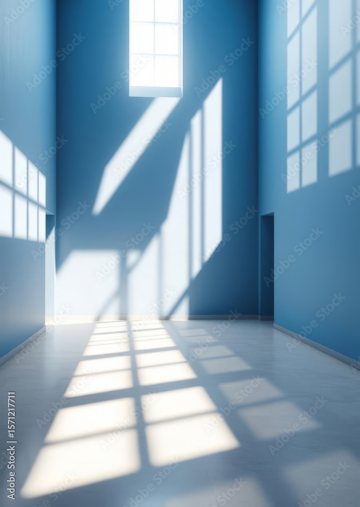 Obraz premium Sunlight casting shadows in empty room with blue walls Empty room interior design architecture blank design room