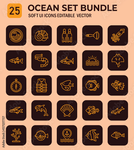 A collection of ocean-themed vector icons representing marine life and nautical activities set for user interface