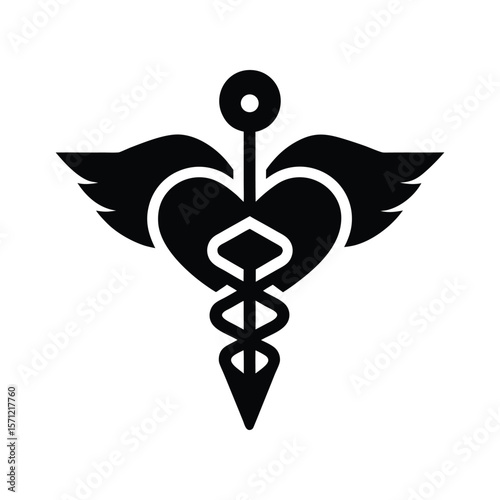 Vector illustration of the Rod of Asclepius, a symbol of medicine and healing, with wings and a heart, representing healthcare and well-being