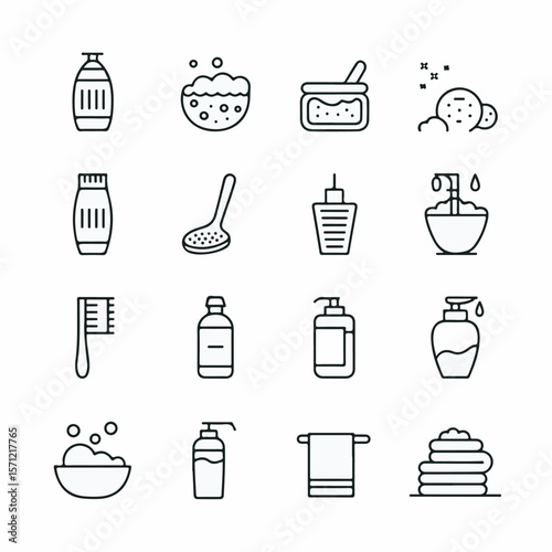 Collection of minimalist outline icons representing spa and bathing related products and amenities