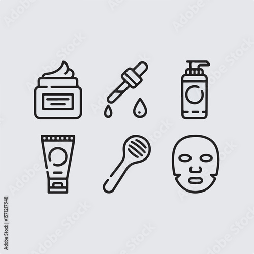Outline icons of skincare products including cream dropper lotion mask and applicator on light grey background