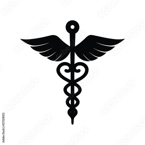 Black Caduceus Medical Symbol with Wings and Heart Shape - Health and Medicine Iconography