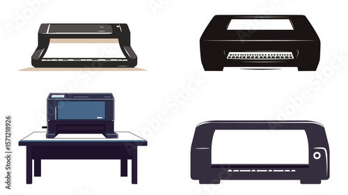 Printer vector silhouette in minimal and bold style, featuring a simplified representation of a desktop printer with paper output, ideal for office-related concepts, printing services, workplace icons
