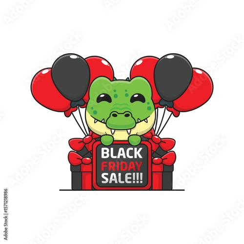 cute crocodile happy in black friday sale cartoon vector illustration