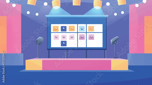 Vector graphic design of a quiz game show stage featuring bright lights, podiums, digital screens, and dynamic elements, representing competitive entertainment, knowledge contests, TV broadcasting,